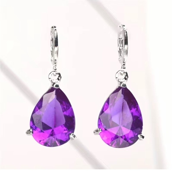 Earrings Purple Zirconia Tear Drop Shaped Dangle Pierced Elegant Faux Amethyst - Picture 1 of 3